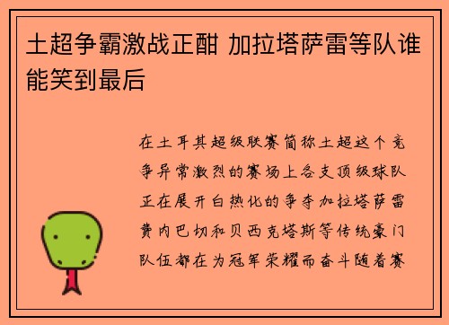 土超争霸激战正酣 加拉塔萨雷等队谁能笑到最后